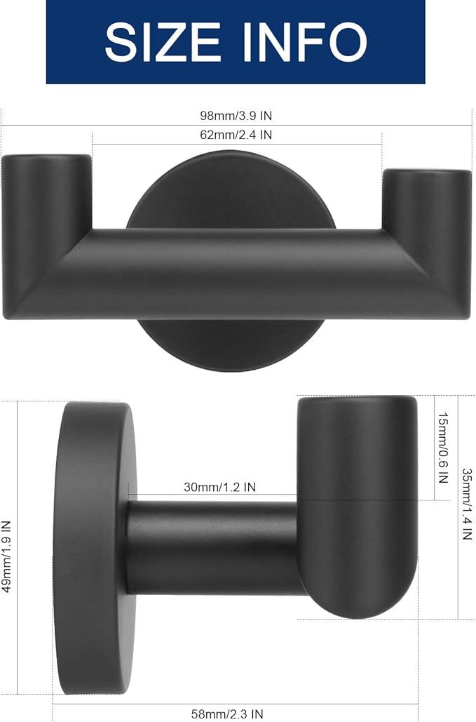 NearMoon Bathroom Double Towel Hook- SUS304 Stainless Steel Robe Towel Holder, Heavy Duty Double Coat Hook for Bathroom Livingroom Kitchen Wall Mounted (Matte Black-U, 4 Pack)
