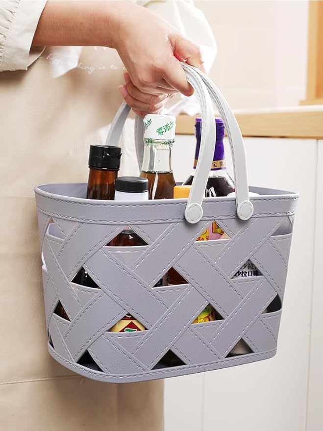 Portable Shower Caddy Tote, Plastic Storage Basket with Thick Handle and Drain Holes Box Organizer Bin for Bathroom, Pantry, Kitchen, College Dorm, Camp (Light Grey 1 pcs)