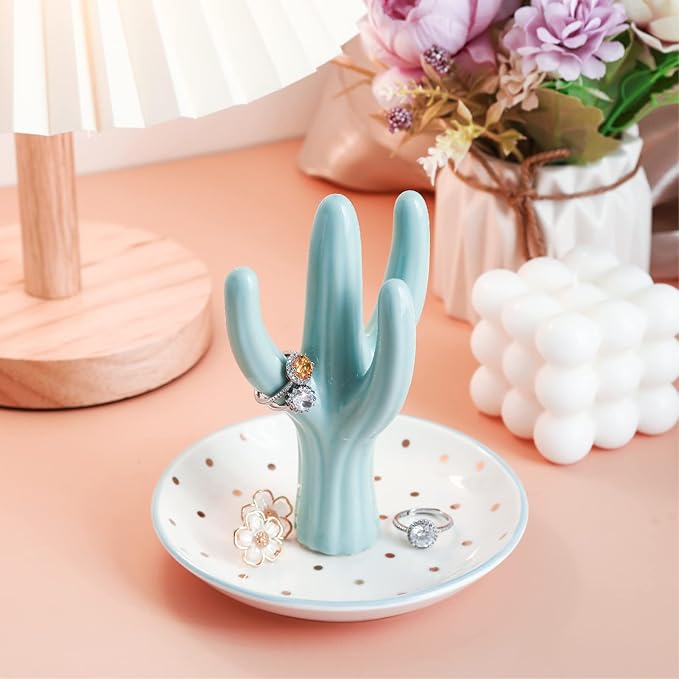 PUDDING CABIN Cactus Ring Holder, Birthday Gift for Women Her Mom Friend Female, Macaron Jewelry Dish with Dots Ins Room Decor Jewelry Dish for Rings Earrings Bracelets Necklace Organizerâ¦