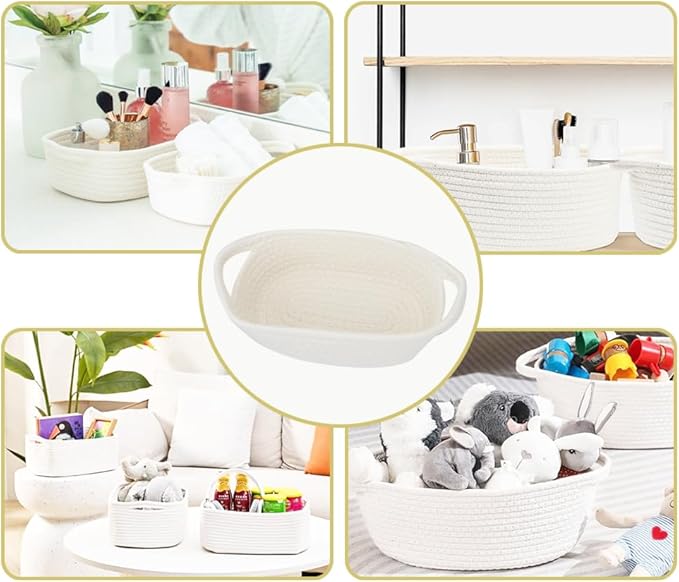 Rope Basket Set of 5, Cotton Woven Baskets Storage Bins, Small Bathroom Organizers and Storage, White Decor Basket for Toy Gift Toilet Snack Plant Picnic(White)