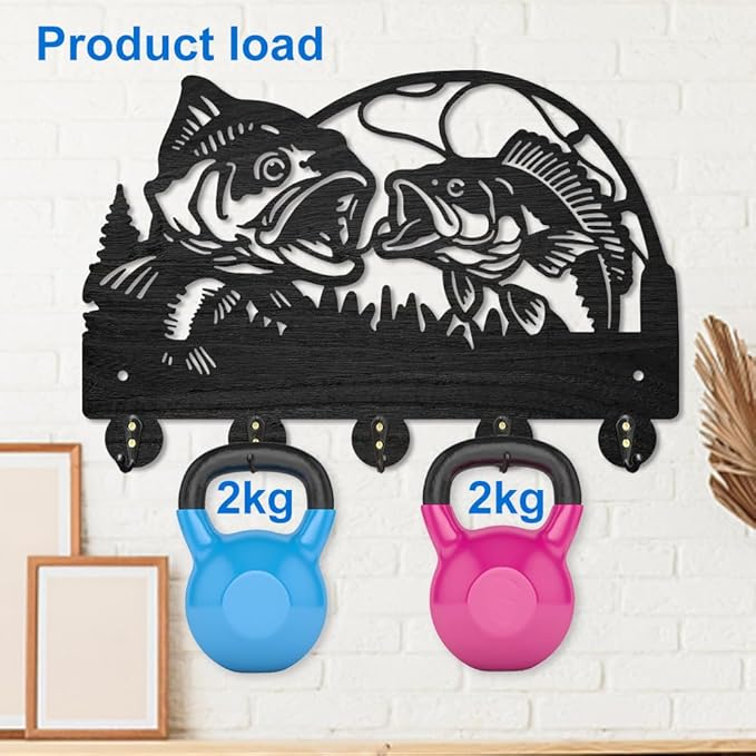 MAYJOYDIY Wooden Fish Coat Hooks Wall Mount Fishing Rod Lake Key Holder 11.8×7.9inch Summer Gone Fishing Tree Key Hook Rack with 5 Alloy Hooks for Gift Hallway Entryway Kitchen Wall Art Decor