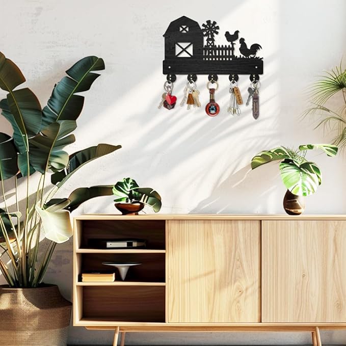 MAYJOYDIY Farm Rooster Hen Wall Mounted Coat Rack Farmhouse Windmill Wood Key Hooks for Wall 11.8×7.9inch Black Key Holder Hanger Wall Art Decor with 5 Alloy Hooks for Gift Hallway Entryway Kitchen