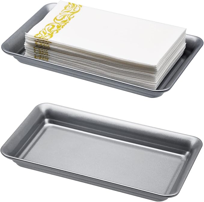 Vintage Farmhouse Decor Metal Vanity Tray(2 Pack),Countertop Guest Hand Towel Storage Organizer Tray Dispenser, Sturdy Holder for Perfume,Cosmetics, Jewelry, Makeup Bathroom Organizer (Silver)