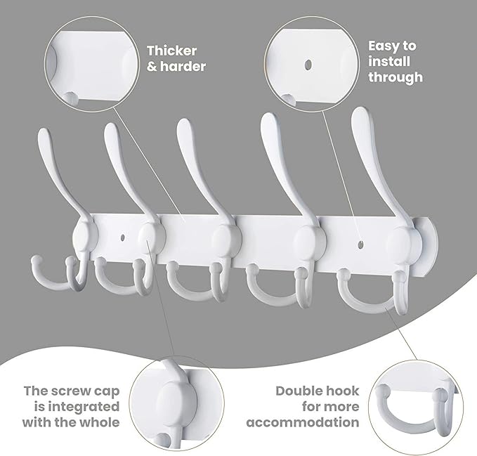 Coat Rack Wall Mounted,5 Tri Stainless Steel Coat Hook for Coat Hat Robes Towel in Mudroom Entryway (White, 1 Pack 5 Hook)