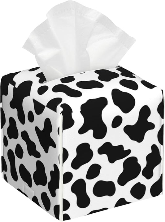Cow Print Tissue Box Cover Leather Tissue Box Holder Square Facial Paper Organizer Dispenser for Bathroom Kitchen Bedroom Vanity Countertop Night Stands