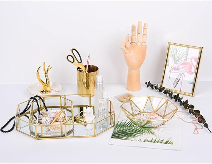 Octagonal Disc Vintage Gold Mirror Glass Vanity Tray,Ornate Geometric and Brass Plated Display Storage Organizer for Makeup Brushes/Lipstick/Skincare/Perfumes/Beauty Room/Bathroom Accessories