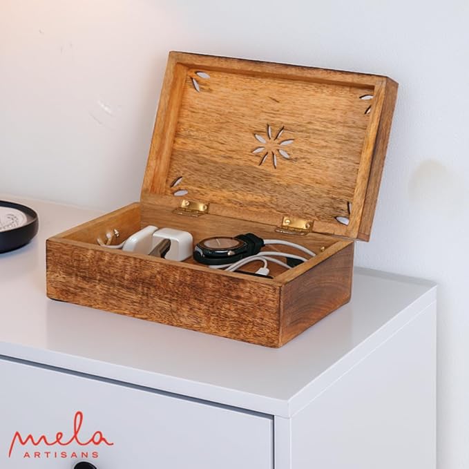 Mela Artisans Wooden Keepsake Box | Burnt Mango Wood Memory | Photo Storage Box with Hinged Lid | Decorative Storage Box | Large | 9x6x3.5 Inch