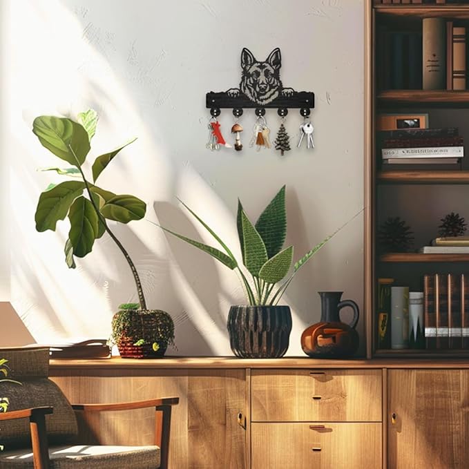 MAYJOYDIY German Shepherd Wood Key Holder for Wall 11.8x7.8inch Dog Animal Wall Mounted Key Hooks Coat Hanger Rack with 5 Alloy Hooks for Entryway Front Door Kitchen Office Decoration