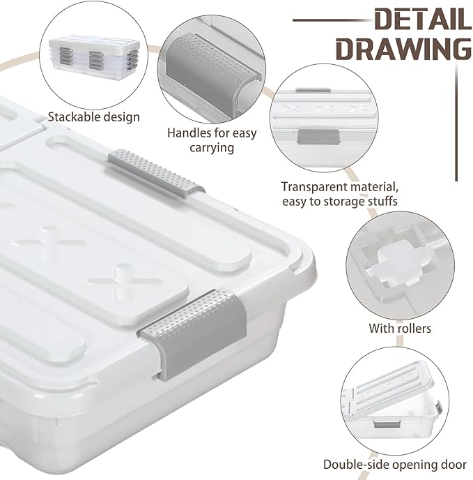 4 Pcs Plastic Under Bed Storage Container with Double Opening Lid Wheel Handle, Transparent Large Capacity Stackable Latching Festival Storage Bin for Closet Bedroom, 31.5x15.8x5.2 In(White)
