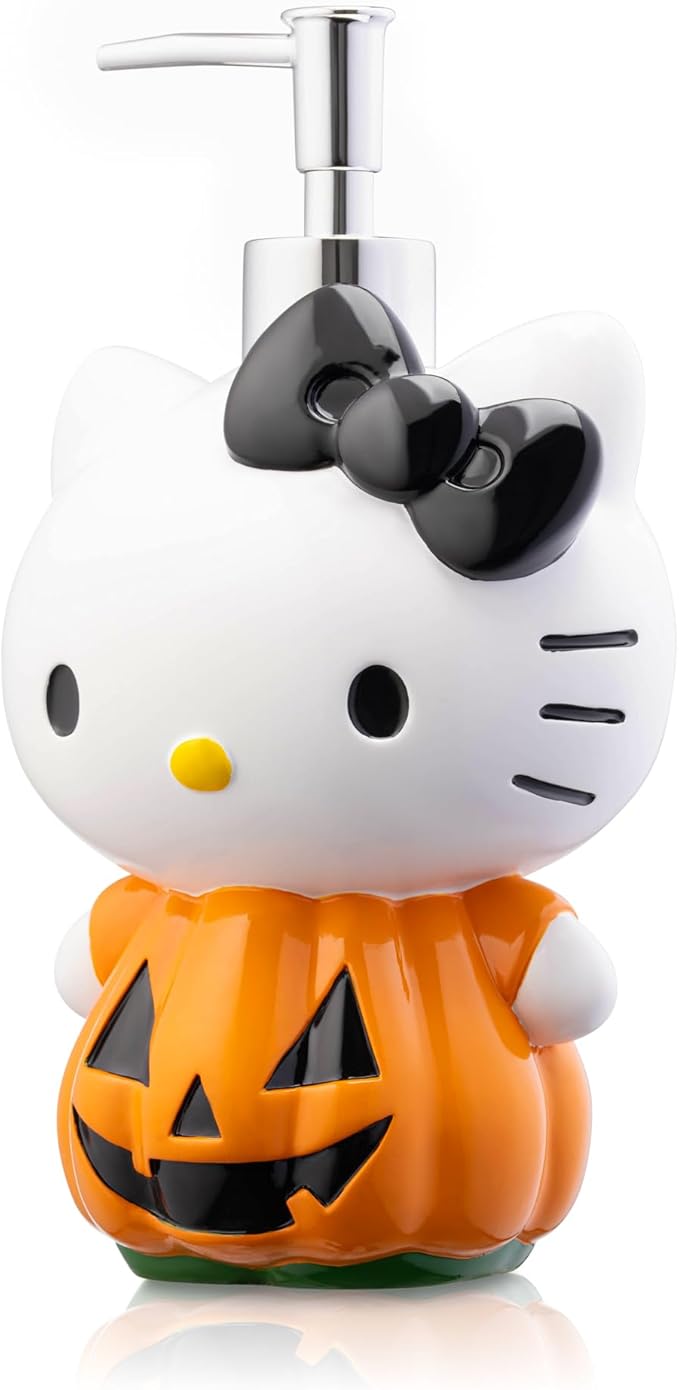 Hello Kitty Pumpkin Jack - O- Lantern Soap Dispenser - Autumn & Halloween Bathroom Decor and Storage - Orange Resin Lotion Pump