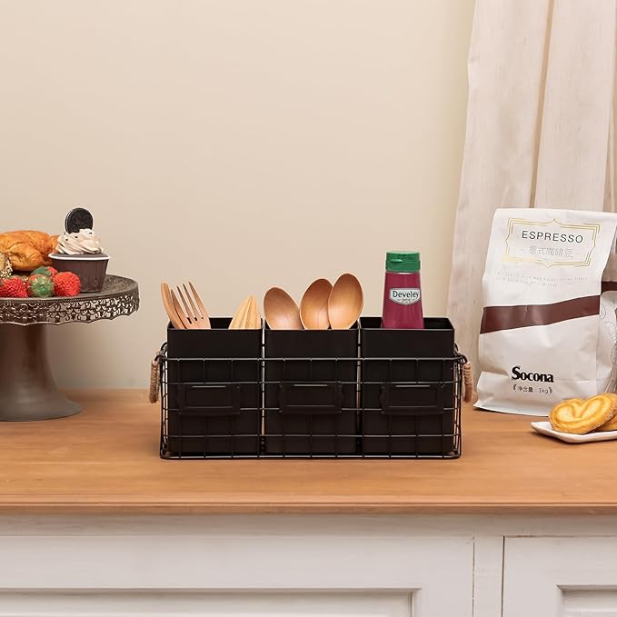 NIKKY HOME Farmhouse 3 Compartment Flatware Cutlery Caddy Countertop Silverware Holder for Spoons, Knives, Forks - Black