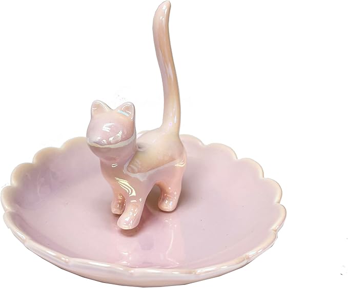 ROSA&ROSE Cat Ring Holder Trinket Tray Ceramic Jewelry Dish Decorative Ring Holder/Trinket Tray Engagement Wedding Birthday Gifts for Women Her(Pink)