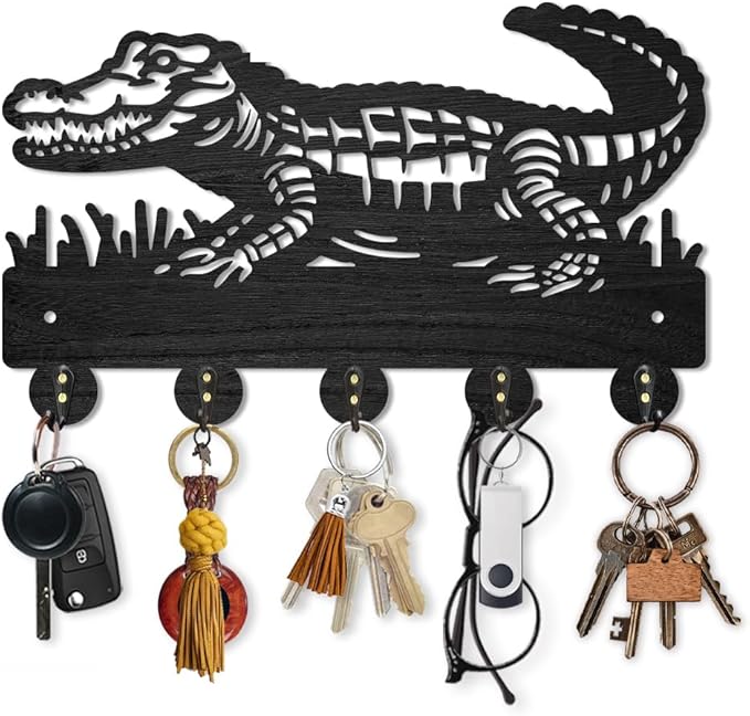 MAYJOYDIY Crocodile Coat Rack Wall Mount Reptile Animal Wood Key Holder for Wall 11.8×7.1inch/30×18.1cm Decorative Key Hooks with 5 Alloy Hooks for Gift, Entryway, Front Door, Hallway, Kitchen, Office