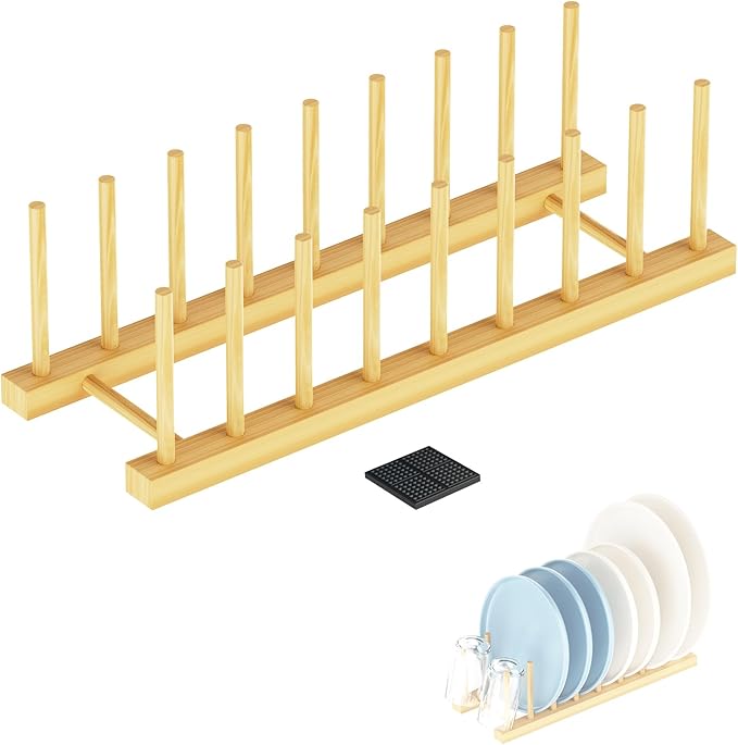 Bamboo Dish Drying Rack, Plate Organizer for Kitchen Cabinet, Vertical Plate Lid Holders for Plates, Cups, Cutting Boards, Utensils Cabinet or Countertop Storage