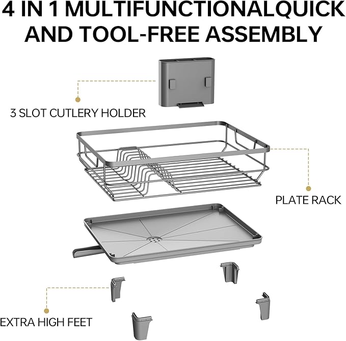 TOOLF Dish Drying Rack, Small Dish Racks for Kitchen Counter, Stainless Steel Sink Organization and Storage Essentials with Cutlery Holder, Dish Drainer, Home and Appartment Decor, Gray