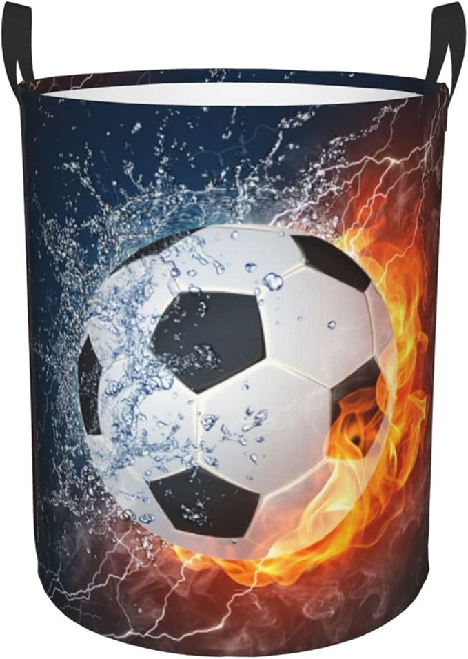 Soccer Ball In Fire And Water Round Laundry Hamper Sport Football Storage Basket Toys Clothes Organizer Bin For Home Bathroom Bedroom Dorm Nursery, 38l