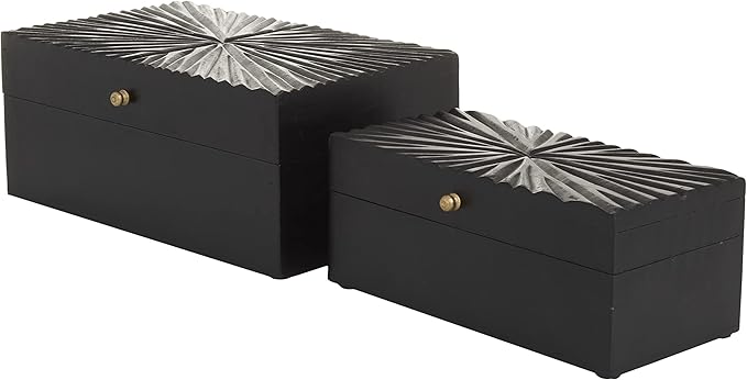 CosmoLiving by Cosmopolitan Wood Geometric Decorative Box Decorative Keepsake Boxes with Hinged Lid, Set of 2 Storage Boxes 10", 8"W, Black