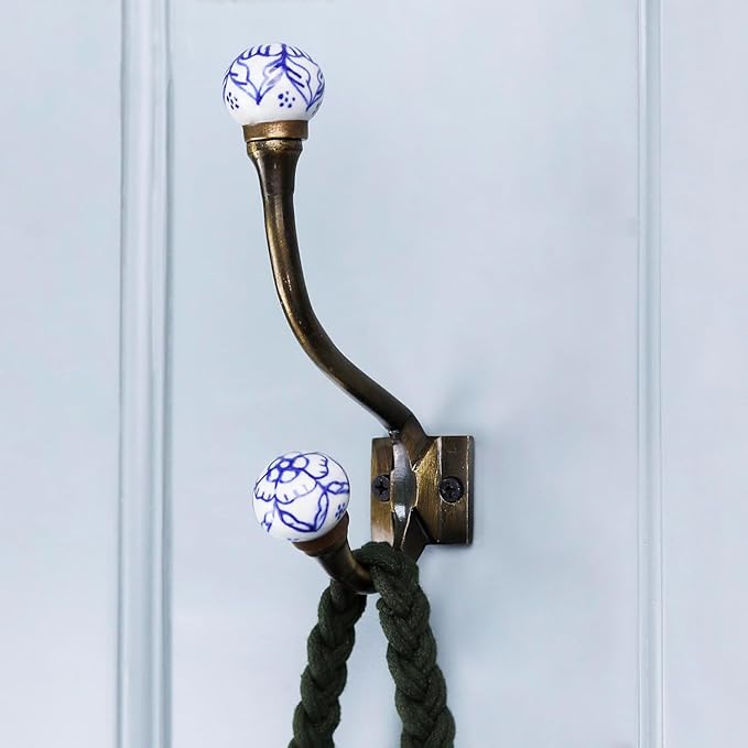 Indian Shelf Pack of 12 Heavy Duty Decorative Double Hooks for Hanging Blue White Unique Coat Hooks Vintage Coat Rack Wall Mount Double Prong Wall Hooks Towel Holder Backpack Purse Hanger- Style 17