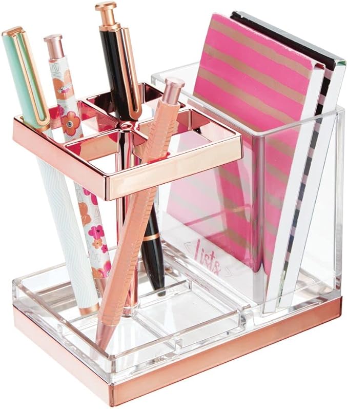 mDesign Plastic Toothbrush and Toothpaste Storage Organizer Holder - Home Decor for Bathroom Countertop - Holds Toiletries and Beauty Accessories - Lumiere Collection - Clear/Rose Gold