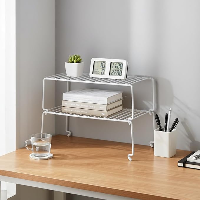 4-piece Kitchen Cabinet Storage Rack - Large Stackable Wire Rack for Pantry, Spice Organization and Desk Use, White (15.7 inches x 8.5 inches)