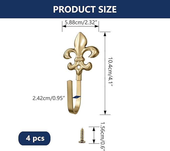 4 Pack Vintage French Fleur De Lis Decorative Wall Hooks, Heavy Duty Metal Curtain Tie Backs for Hanging Coats, Towels, and Robes, Wall Mounted Hangers for Entryway & Bathroom (Gold)