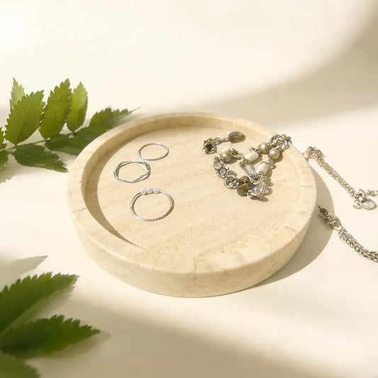 Natural Marble Tray, Round Travertine Tray for Bedroom/Bathroom/Kitchen/Vanity Countertop, Jewelry Tray for Rings Earrings Necklace Bracelet Watch, Room Decor Aesthetic