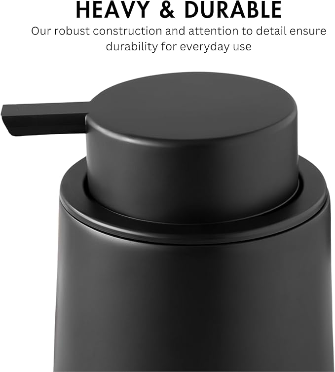Matte Black Round Soap Dispenser for Kitchen & Bathroom – 9 oz Refillable Resin Pump Bottle for Dish Soap, Hand Soap, Shampoo, Conditioner – Modern Countertop Dispenser with Non-Slip Protective Pads
