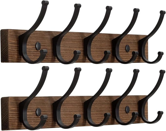 Coat Rack Wall Mount, 16.5 Inches Wood Coat Hooks Wall Mount, Wall Coat Rack with 5 Hooks, Hat Rack Wall Hooks for Hanging Coat, Bag, Towel (2Pack, Brown)
