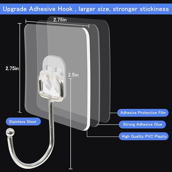 30 Packs Large Adhesive Wall Hooks, Heavy Duty Hold 44lb(Max) Wall Hooks for Hanging, Transparent Waterproof Rustproof Sticky Hooks for Kitchen Bathroom Home Office