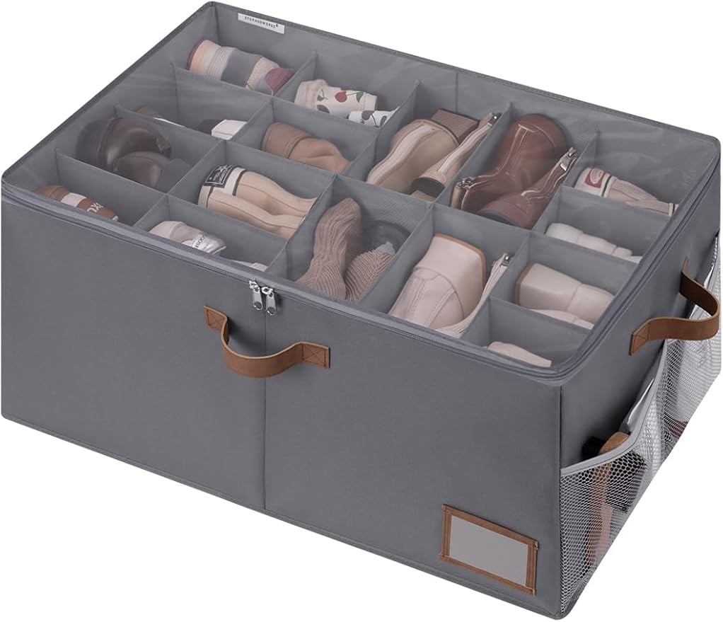 StorageWorks Shoe Organizer for Closet, Shoe Cubby Storage Containers for Sneakers and Heels, Shoe Rack for Closet with Clear Cover & Side Mesh Pocket, Fits up to 20 Pairs, Grey