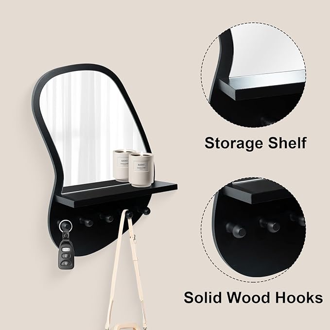 SANY DAYO HOME Wall Mount Wood Frame Irregular Mirror with 5 Wooden Hooks and Shelf, Modern Decorative Hanging Mirror for Entryway, Bedroom, Living Room (16″ x 12″, Black)
