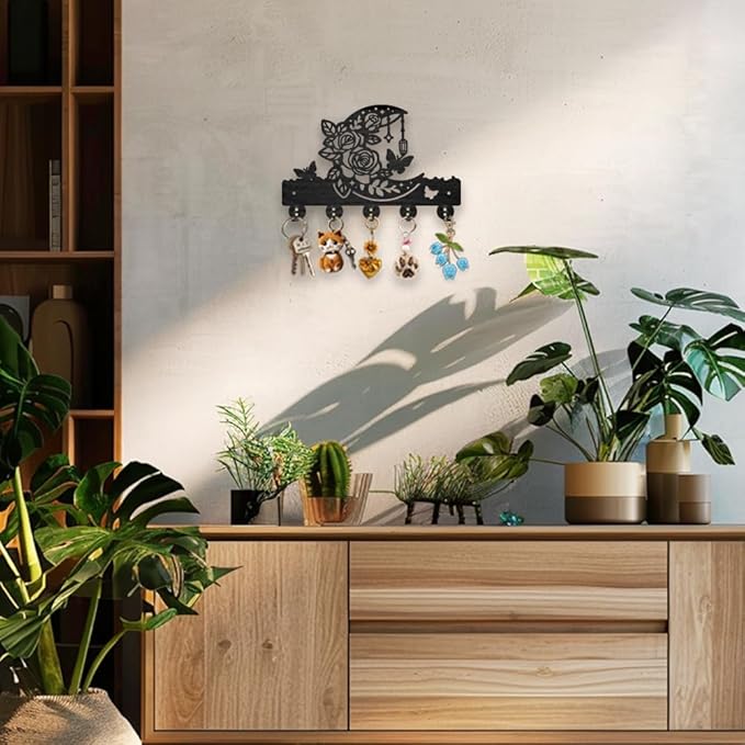 MAYJOYDIY Moon Flower Wood Key Hook Butterfly Leaf Coat Holder for Wall 11.8×7.8 inch Black Star Botanical Wall Mounted Key Rack with 5 Alloy Hooks for Entryway Bedroom Living Room Home Decor