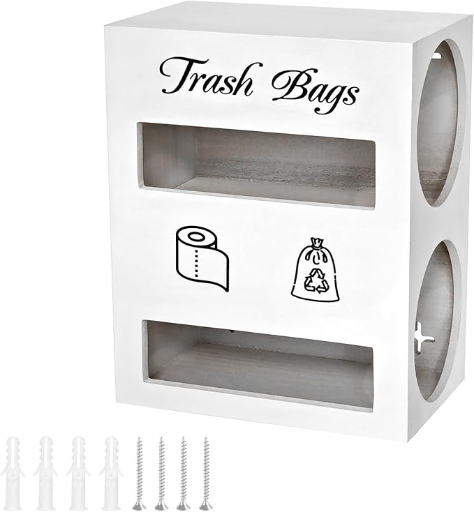 2 in 1 Trash Bag Dispenser, Double Wall Mounted,Wood Trash Bag Holder, used in kitchen, garage, laundry room, can store Environmentally friendly food bags and garbage bags (White/Large)