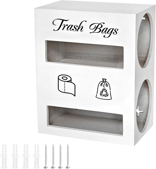 2 in 1 Trash Bag Dispenser, Double Wall Mounted,Wood Trash Bag Holder, used in kitchen, garage, laundry room, can store Environmentally friendly food bags and garbage bags (White/Large)