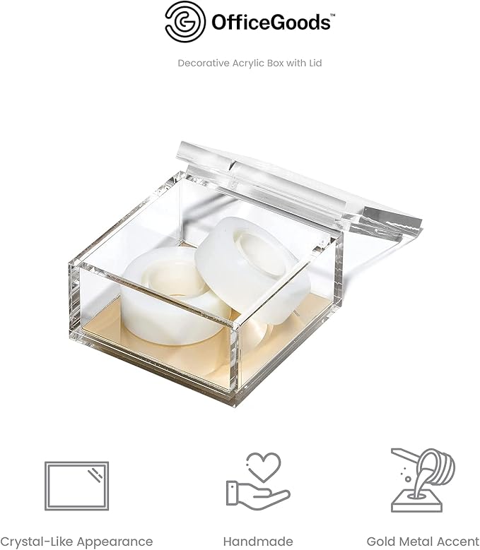 OfficeGoods Acrylic Desk Organizer w/Gold Base – Functional & Elegant Odds & Ends Box for Display or Storage – Perfect for Home or Office, Kitchen, Bathroom Vanity, Curio Display - Small