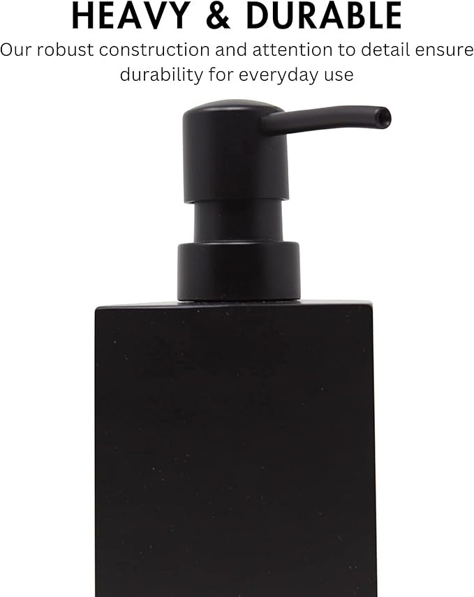 Matte Black Square Soap Dispenser for Kitchen & Bathroom – 15 oz Refillable Resin Pump Bottle for Dish Soap, Hand Soap, Shampoo, Conditioner – Modern Countertop Dispenser with Non-Slip Protective Pads