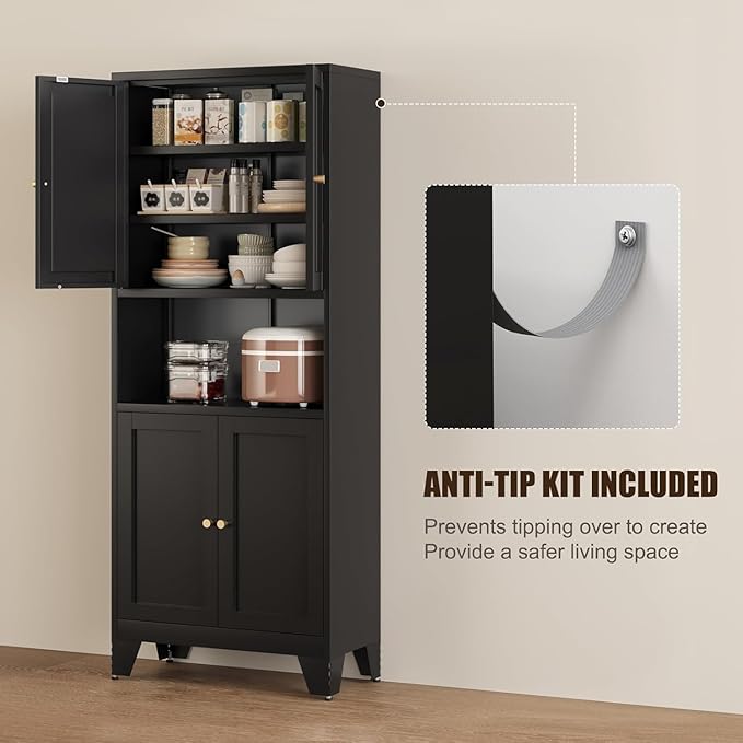 69" Tall Metal Pantry Cabinet with Microwave Shelf,Microwave Storage Cabinet with 4 Doors & 3 Adjustable Shelves,Metal Cabinet with Storage for Kitchen Dining Room Living Room(1PC,Black)