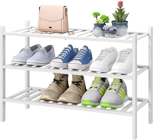 White Shoe Rack, 3-Tier Bamboo Wood Shoe Rack for Closet, Entryway & Hallway, and Stackable Shoe Shelf Storage Organizer for Indoor and Outdoor