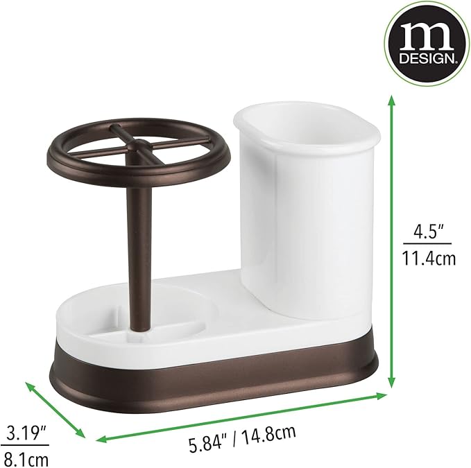 mDesign Decorative Bathroom Dental Storage Organizer Holder Stand for Electric Spin Toothbrush/Toothpaste - Compact Design for Countertop and Vanity, Holds 4 Standard Brushes - White/Bronze