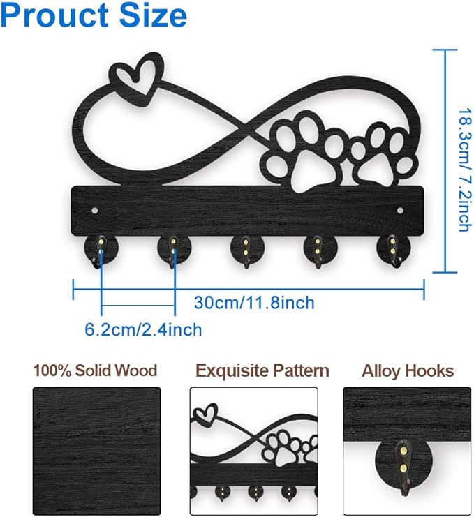MAYJOYDIY Wood Paw Prints Hearts Coat Rack Infinity Sign Key Holder for Wall 11.8×7.2inch Love Heart Decorative Wall Hooks 5 Alloy Hooks Animal Paw Print Black Wall Hanger for Gifts Entryway Room Home
