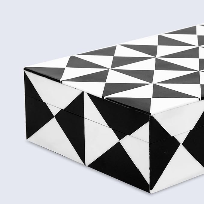 Handicrafts Home Decorative Storage Box with Lid – Black and White Decorative Box for Remote Controls, Slim Coffee Table Storage Box for Shelf, Desk & Living Room Decor – Trianlge 8 x 6 x 1.5