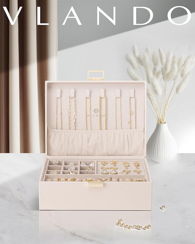 Vlando 2 Layer Jewelry Box Large Jewelry Organizer for Women Removable Jewelery Tray for Necklace Earrings Rings Bracelets Christmas Gifts for Mom Wife (Light Pink)