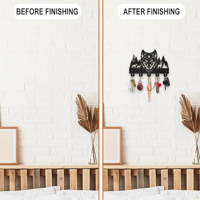 MAYJOYDIY Wooden Wolf Deer Coat Hooks Wall Mount Forest Animal Tree Key Holder Organizer 11.8×7.9inch Decorative Wildlife Wall Hooks for Hanging 5 Alloy Hooks Entryway Kitchen Office Gift