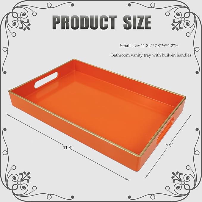 Spsyrine Orange Bathroom Vanity Tray with Handles for Dresser Tops, Countertop, Perfume Decorative Tray, 11.8â * 7.87â *1.37â
