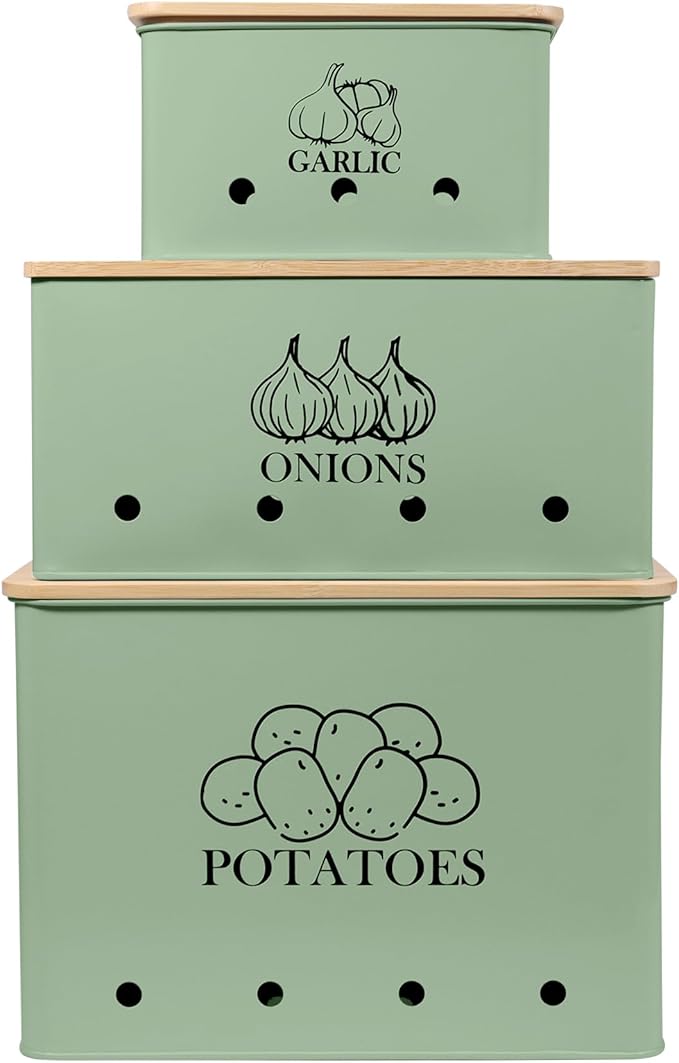 Kitchen Vegetable Storage Tins Set of 3 for Potato Onion & Garlic with Wooden Lid, Kitchen Storage Canisters Set, Long Shelf Life - Green
