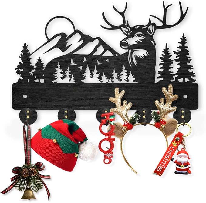 MAYJOYDIY Wooden Antler Wall Coat Rack with 5 Hooks, Black Forest Deer Design, 11.8x8 Inch Key Holder & Organizer for Entryway, Hall, Living Room, Office Decor