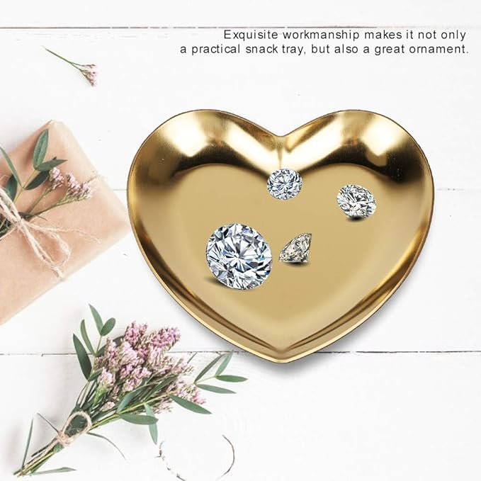 Stainless Steel Jewelry Tray, Heart Shaped Trinket Dish for Rings Earrings Necklaces Bracelet Watch Keys, Plate Tea Tray Fruit Tray Cosmetics Jewelry Organizer Box(Gold)