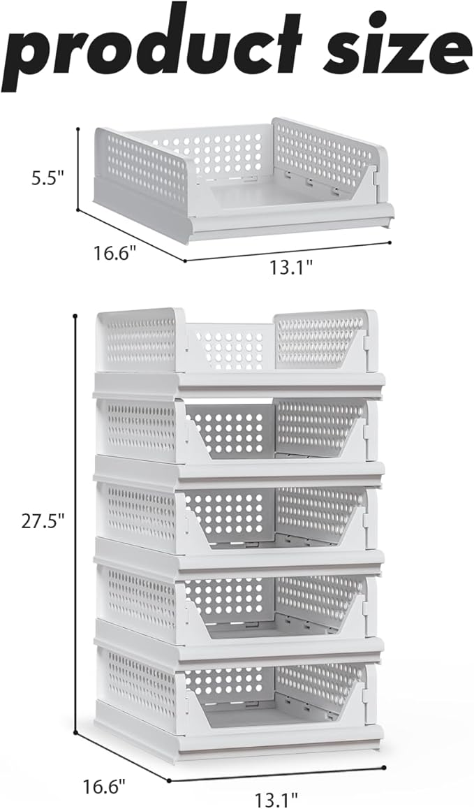 Proarea 5 Pack Stackable Storage Bins, Foldable Closet Organizer Baskets, Plastic Drawer Bins for Closet Organization, Wardrobe Shelf, Laundry Room, White
