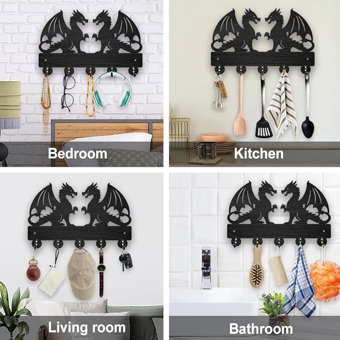 MAYJOYDIY Dragon Coat Rack Wall Mount Wood Double Dragon Animal Key Holder for Wall 11.8×7.9inch Decorative Wall Hooks 5 Alloy Hooks Black Wall Hanger for Gifts Entryway Hallway Room Decor