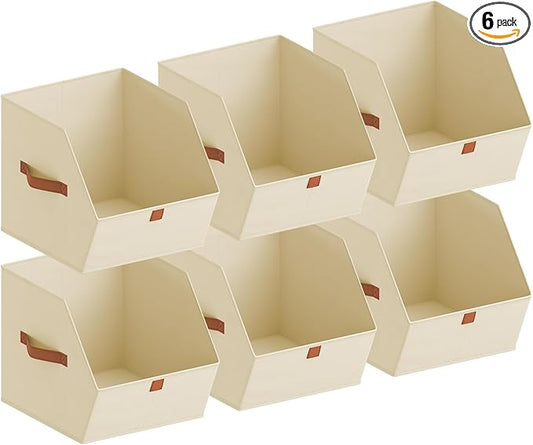 Fabric Closet Storage Cubes - 6 Pack Square Storage Bins with Dual Handles for Clothes, Towels, Toys, Cube Storage Organizers for Bedroom, Nursery, Shelves, Closet, Small Spaces, Light Beige